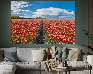 bulb fields with red tulips in bloom