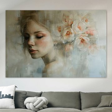 Modernes abstraktes Porträt mit Blumen in Pastellfarben von Carla Van Iersel