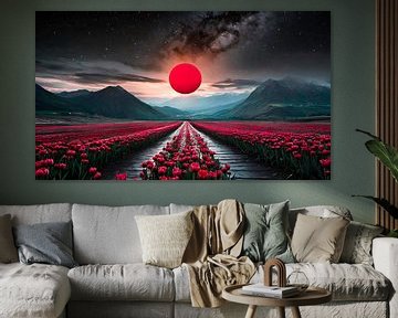 Landscape with flowers and red moon by Mustafa Kurnaz