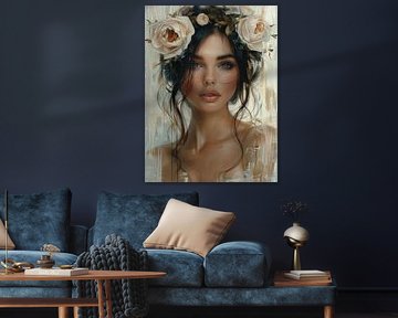 Modern portret met roze bloemen van Carla Van Iersel