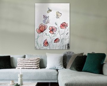 Flüsternde Boten - Mohnblumen mit Schmetterlingen und Biene von Sara-Lena Möllenkamp