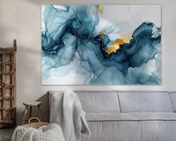 Dynamisch modern en abstract in blauw en goud van Studio Allee