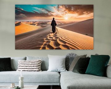 Frau in der Wüste mit Sonnenuntergang