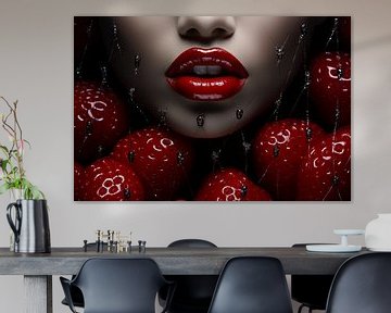 Rote Lippen mit Erdbeere, Nahaufnahme, Schwarz-Weiß-Fotografie von Animaflora PicsStock
