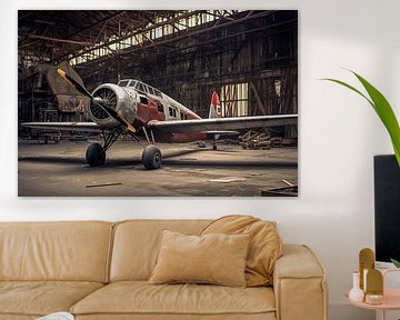 Vintage-Propellerflugzeug in einem alten, heruntergekommenen Hangar von Animaflora PicsStock