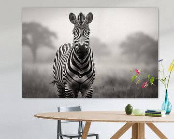 Portret zebra in de savanne, zwart-wit fotografie