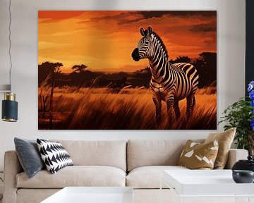 Zebra in de savanne met oranje zonsondergang van Animaflora PicsStock