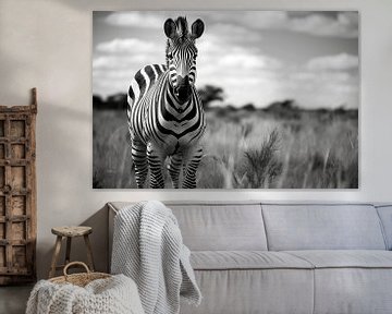 Portrait d'un zèbre dans la savane, photographie en noir et blanc sur Animaflora PicsStock