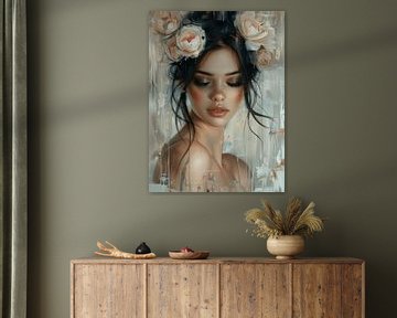 Modern portrait with flowers in pastel colours by Carla Van Iersel