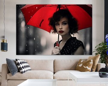 Jonge vrouw met rode paraplu in de regen, zwart-wit foto van Animaflora PicsStock