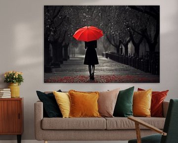 Junge Frau mit rotem Regenschirm im Regen, Schwarz-Weiß-Fotografie von Animaflora PicsStock