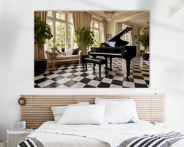 Maison de campagne avec piano noir dans la chambre au sol en damier sur Animaflora PicsStock