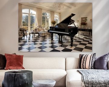 Country house with black piano in the room with chequerboard floor by Animaflora PicsStock