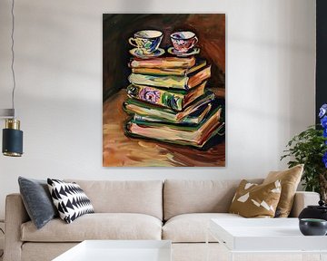 Boeken Kopjes Kunst | Bibliocafé Vibe van Abstract Schilderij