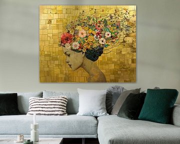 Vrouwenportret Goud | Petal Dreamer's Crown van Kunst Kriebels