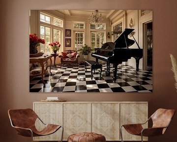 Landhuis met zwarte piano in de kamer met traanplaatvloer van Animaflora PicsStock