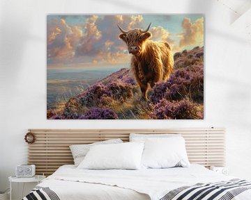 Scottish Highland cattle in heather blossom - Idyllic nature painting for lovers of rural beauty by Felix Brönnimann