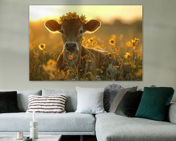 Vache avec couronne de fleurs au coucher du soleil - Photographie enchanteresse pour les amoureux de la nature et des animaux sur Felix Brönnimann