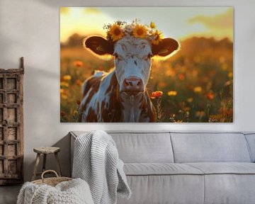 Kuh mit Blumenkranz im Sonnenuntergang - Bezaubernde Fotografie für Natur- und Tierliebhaber von Felix Brönnimann