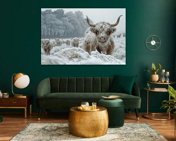 Winter guardian: Scottish Highland cattle in the snow - a work of art for lovers of winter nature by Poster Art Shop