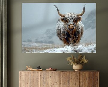 Winter guardian: Scottish Highland cattle in the snow - a work of art for lovers of winter nature by Poster Art Shop