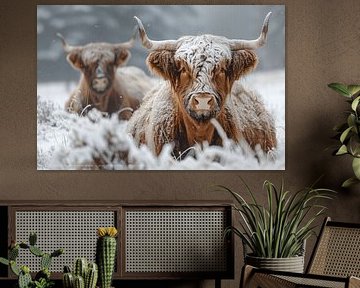 Snowy wonder: Highland cattle in winter splendour - a captivating photograph for lovers of rustic charm by Poster Art Shop
