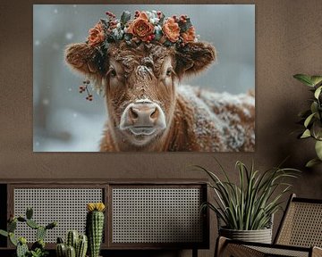 Floral splendour in the Black Forest: Cow with a wreath of flowers - Lively photography for lovers of the countryside by Poster Art Shop