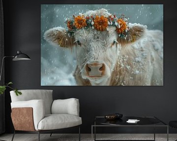 Bloemenpracht in het Zwarte Woud: koe met bloemenkrans - Levendige fotografie voor liefhebbers van het platteland van Poster Art Shop