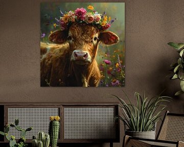 Bloemenpracht in het Zwarte Woud: koe met bloemenkrans - Levendige fotografie voor liefhebbers van het platteland van Poster Art Shop