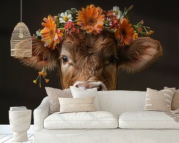 Eleganz des Schwarzwalds: Kuh mit Blumenschmuck - Eine charmante Fotografie für das rustikale Zuhause von Poster Art Shop