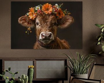 Elegantie van het Zwarte Woud: Koe met bloemdecoraties - Een charmante foto voor het rustieke huis van Poster Art Shop