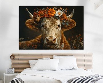 Elegance of the Black Forest: Cow with floral decorations - A charming photograph for the rustic home by Poster Art Shop