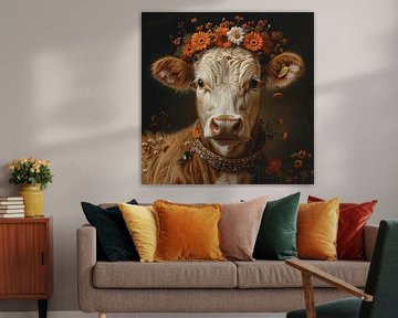 Eleganz des Schwarzwalds: Kuh mit Blumenschmuck - Eine charmante Fotografie für das rustikale Zuhause von Felix Brönnimann