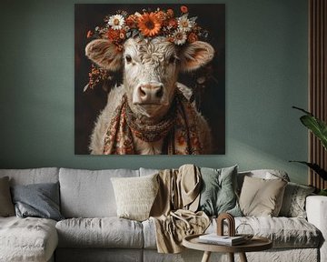 Décoration florale et idylle à la ferme : une vache avec une couronne de fleurs comme incarnation de la beauté rurale sur Felix Brönnimann