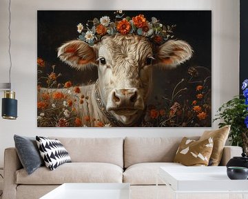 Bloemendecoraties en boerenidylle: een koe met een bloemenkrans als toonbeeld van landelijke schoonheid van Poster Art Shop