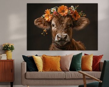 Bloemendecoraties en boerenidylle: een koe met een bloemenkrans als toonbeeld van landelijke schoonheid van Felix Brönnimann