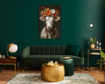 Bloemendecoraties en boerenidylle: een koe met een bloemenkrans als toonbeeld van landelijke schoonheid van Poster Art Shop