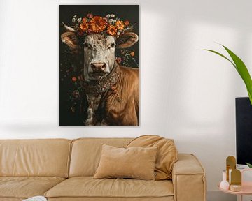 Décoration florale et idylle à la ferme : une vache avec une couronne de fleurs comme incarnation de la beauté rurale sur Felix Brönnimann