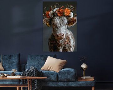 Bloemendecoraties en boerenidylle: een koe met een bloemenkrans als toonbeeld van landelijke schoonheid van Poster Art Shop