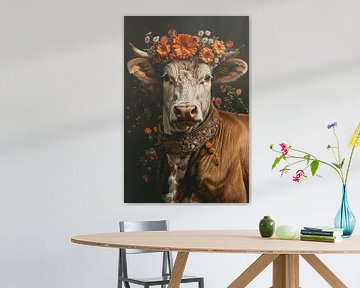 Bloemendecoraties en boerenidylle: een koe met een bloemenkrans als toonbeeld van landelijke schoonheid van Poster Art Shop