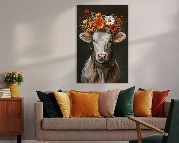 Décoration florale et idylle à la ferme : une vache avec une couronne de fleurs comme incarnation de la beauté rurale sur Felix Brönnimann