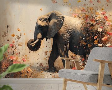De verbloemde olifant aan de wandel