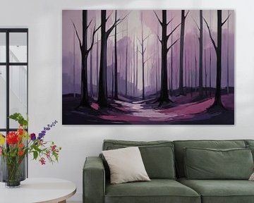 Forêt abstraite avec du violet et du rose sur De Muurdecoratie