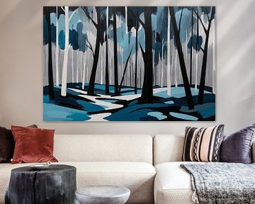 Forêt abstraite avec du bleu et du noir sur De Muurdecoratie