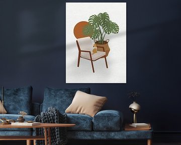 Minimal art van een kat op een stoel met een plant van RickyAP