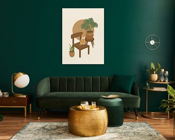 Minimal art van een kat op een stoel met een plant op een kamer van RickyAP