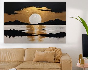 Coucher de soleil avec noir et or sur De Muurdecoratie