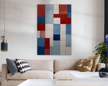 Abstraction quadrangulaire rouge et bleue sur De Muurdecoratie