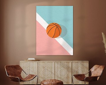 Minimaal kunstwerk van een basketbalveld in zachte pastelkleuren van RickyAP