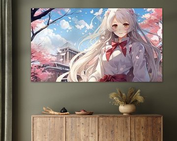 Een Japanse anime middelbare school meisje met lang wit haar en blauwe ogen, met bloeiende kersenbloesems in de lente van Animaflora PicsStock